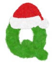 3D Ã¢â¬ÅGreen wool fur feather letterÃ¢â¬Â creative decorative with Red Christmas hat, Character Q isolated in white background Royalty Free Stock Photo
